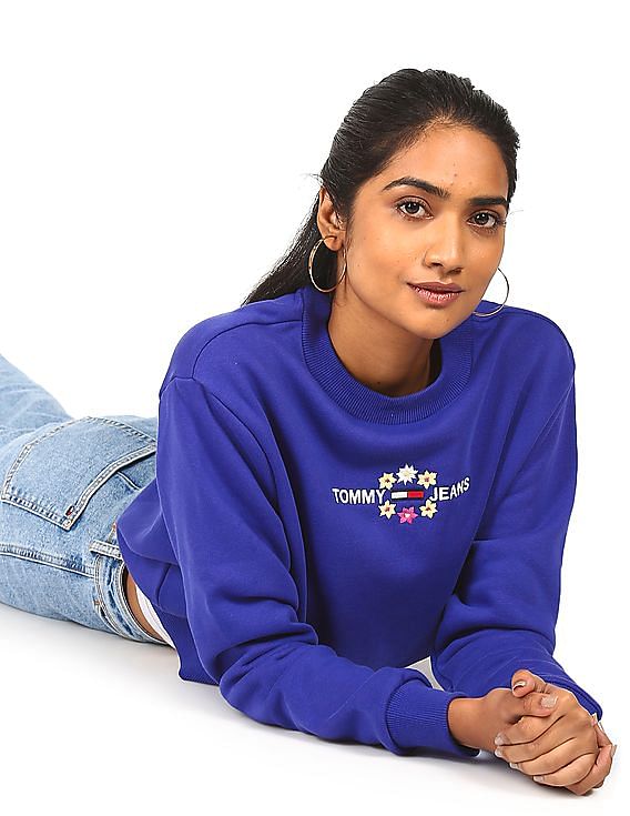 Buy Tommy Hilfiger Women Blue Crew Neck Floral Embroidered Cropped