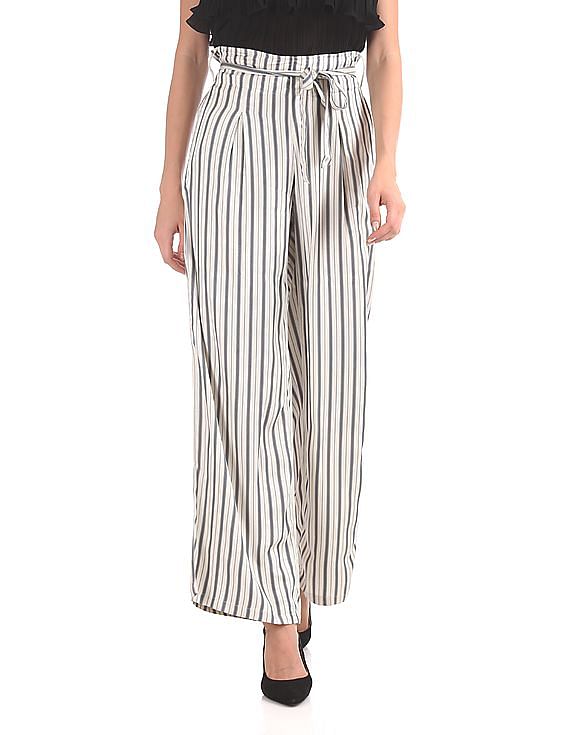 Buy AND Black Mix Striped Straight fit Viscose Women's Casual Wear Trousers  | Shoppers Stop