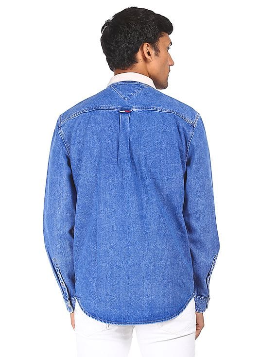 Buy Tommy Hilfiger Men Blue Contrast Spread Collar Denim Washed