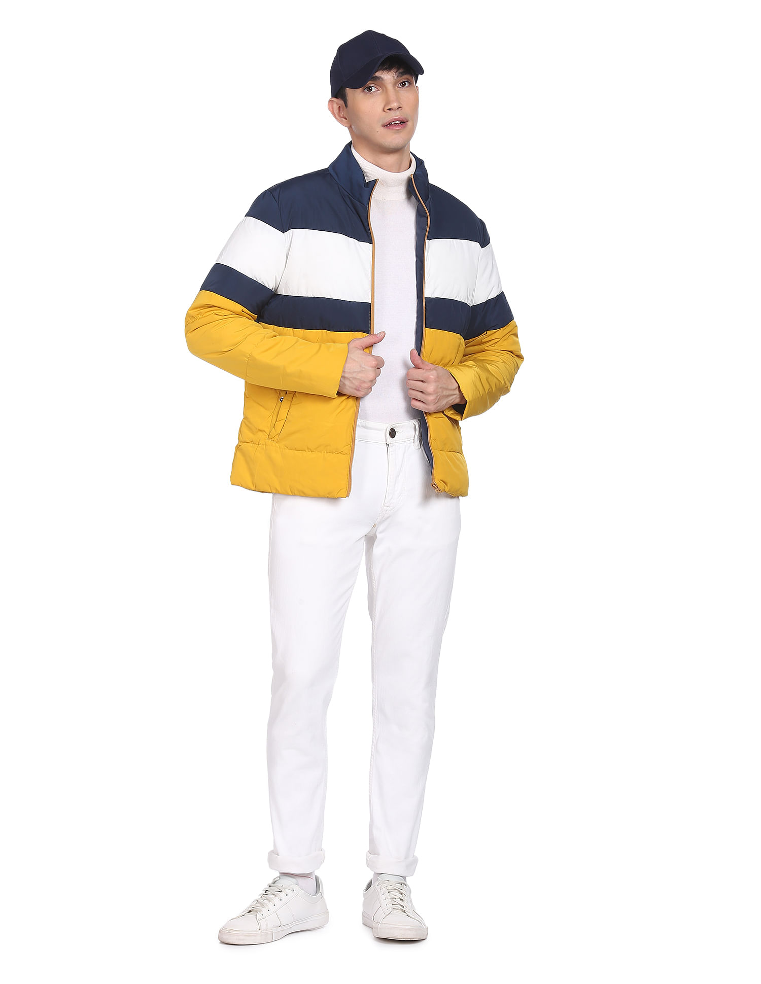 Flying Machine High Neck Colour Block Padded Jacket