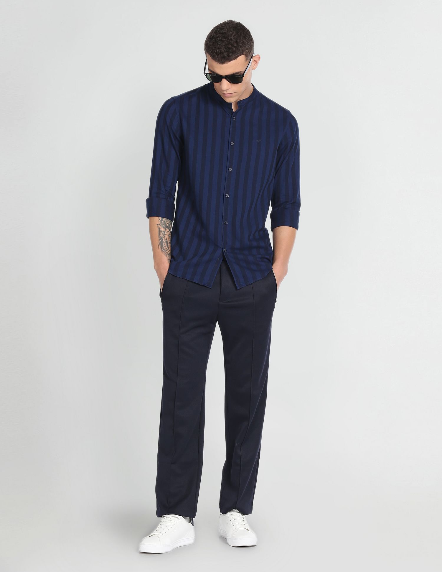 Flying Machine Mandarin Collar Vertical Stripe Shirt