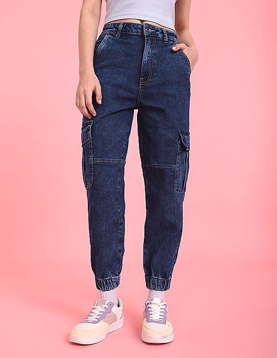 Flying Machine Women High Rise Cargo Pocket Jogger Jeans