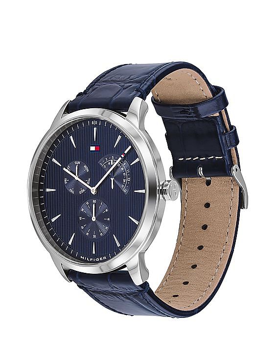 tommy hilfiger men's blue leather strap watch