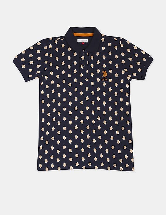 U.S. Polo Assn. Kids Boys Dark Blue Printed Pique Polo Shirt