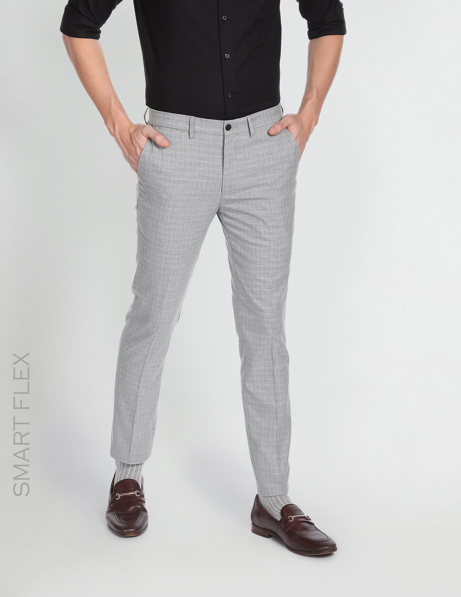 Buy Arrow Men Navy Mid Rise Flat Front Check Formal Trousers Online