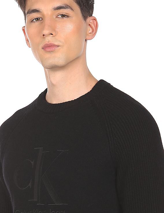 Calvin Klein Men Black Solid Ribbed Crew Neck Solid Sweater