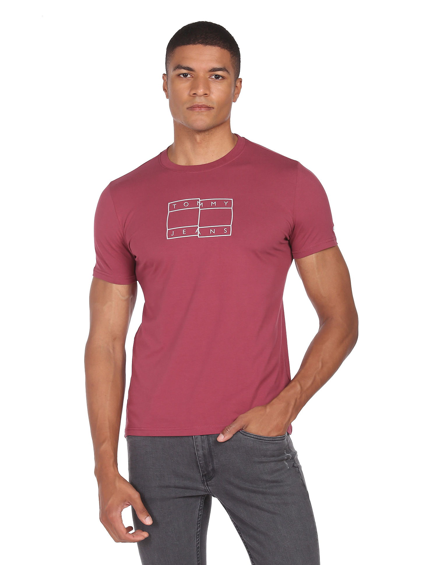 Tommy Hilfiger Men Maroon Twisted Flag Logo Slim Fit T-Shirt