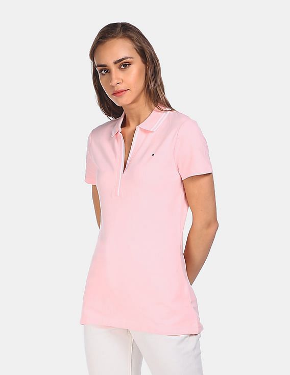 Buy Tommy Hilfiger Women Light Pink V-Neck Solid Polo Shirt
