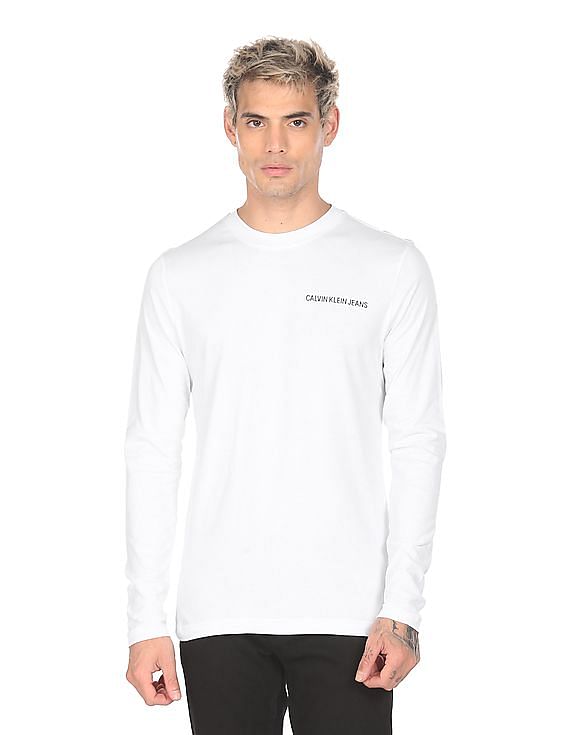 Calvin Klein Men White Long Sleeve Brand Print T-Shirt