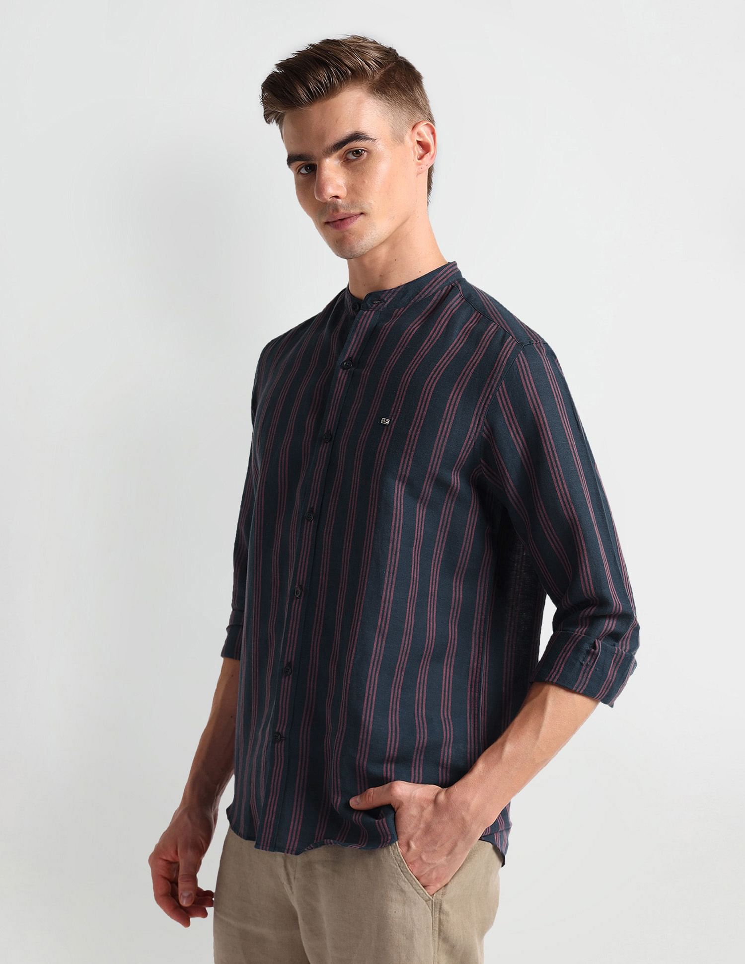 Arrow Sports Mandarin Collar Vertical Stripe Shirt
