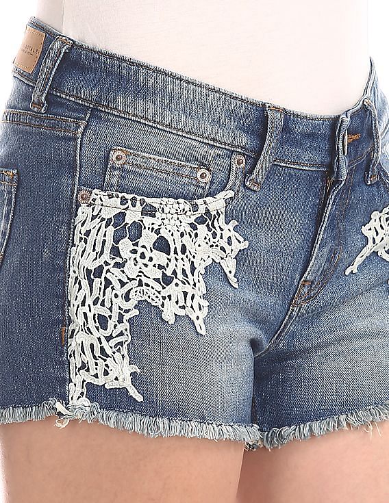 Forever 21 crochet lace trim denim shorts in washed blue, Women's Fashion,  Bottoms, Shorts on Carousell