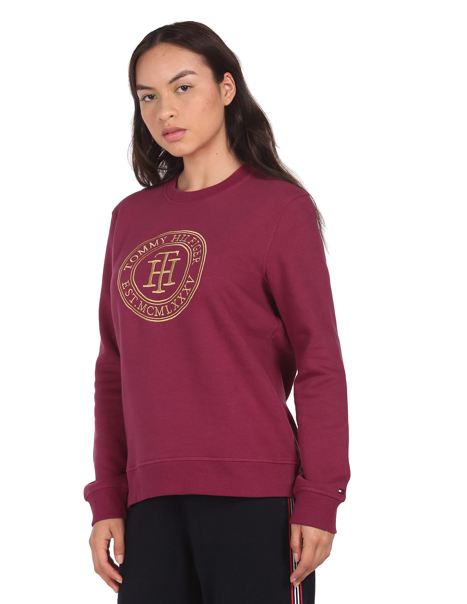 Buy Tommy Hilfiger Women Plum Embroidered Circle Logo Crew Neck 
