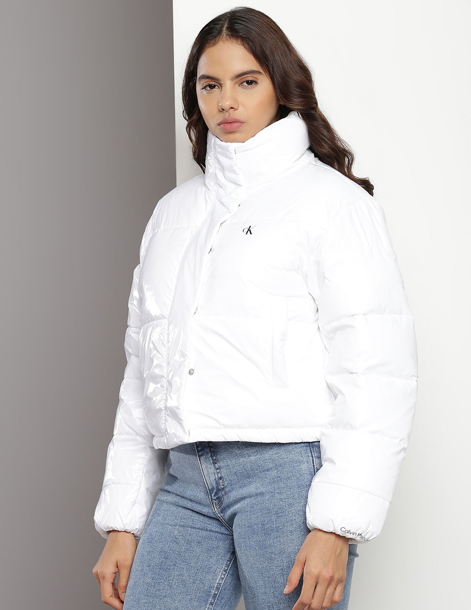 Grey high shine cropped puffer jacket hotsell