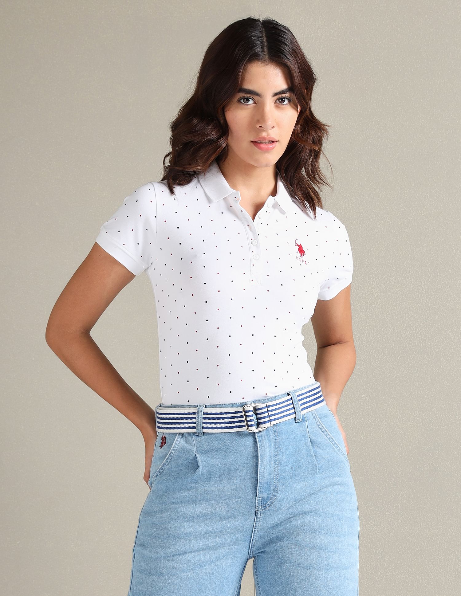 Buy U.S. Polo Assn. Women Ribbed Collar Polka Dot Polo Shirt NNNOW