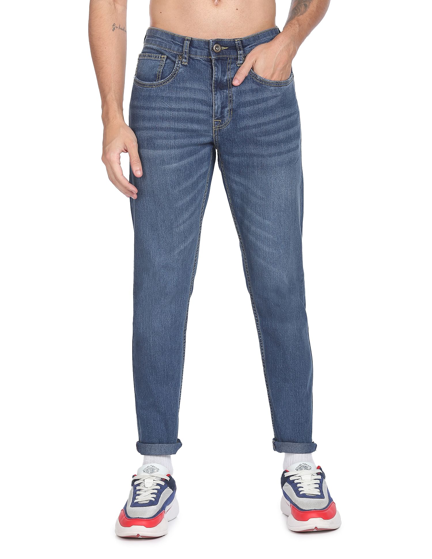 Flying Machine Stone Wash Slash Slim Tapered Fit Jeans