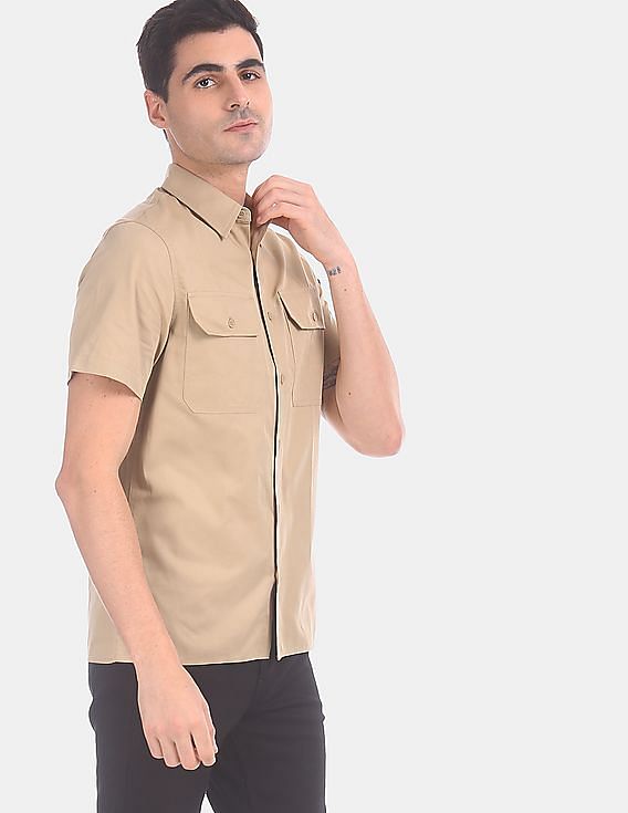 Buy Calvin Klein Men Beige Spread Collar Flap Pocket Short Sleeve Casual  Shirt 