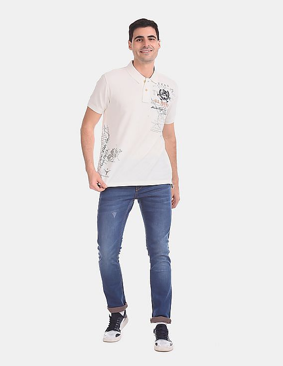 U.S. Polo Assn. Denim Co. White Printed Pique Polo Shirt