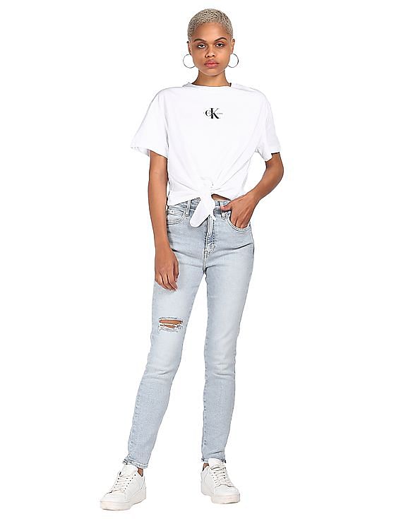 Calvin Klein Women White Crew Neck Logo T-Shirt