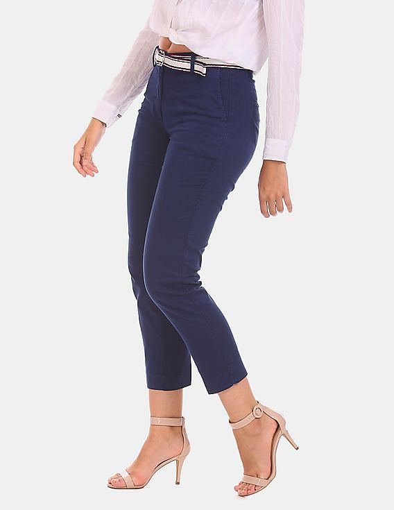Tommy Hilfiger Women Blue Cotton Stretch Dobby Pants