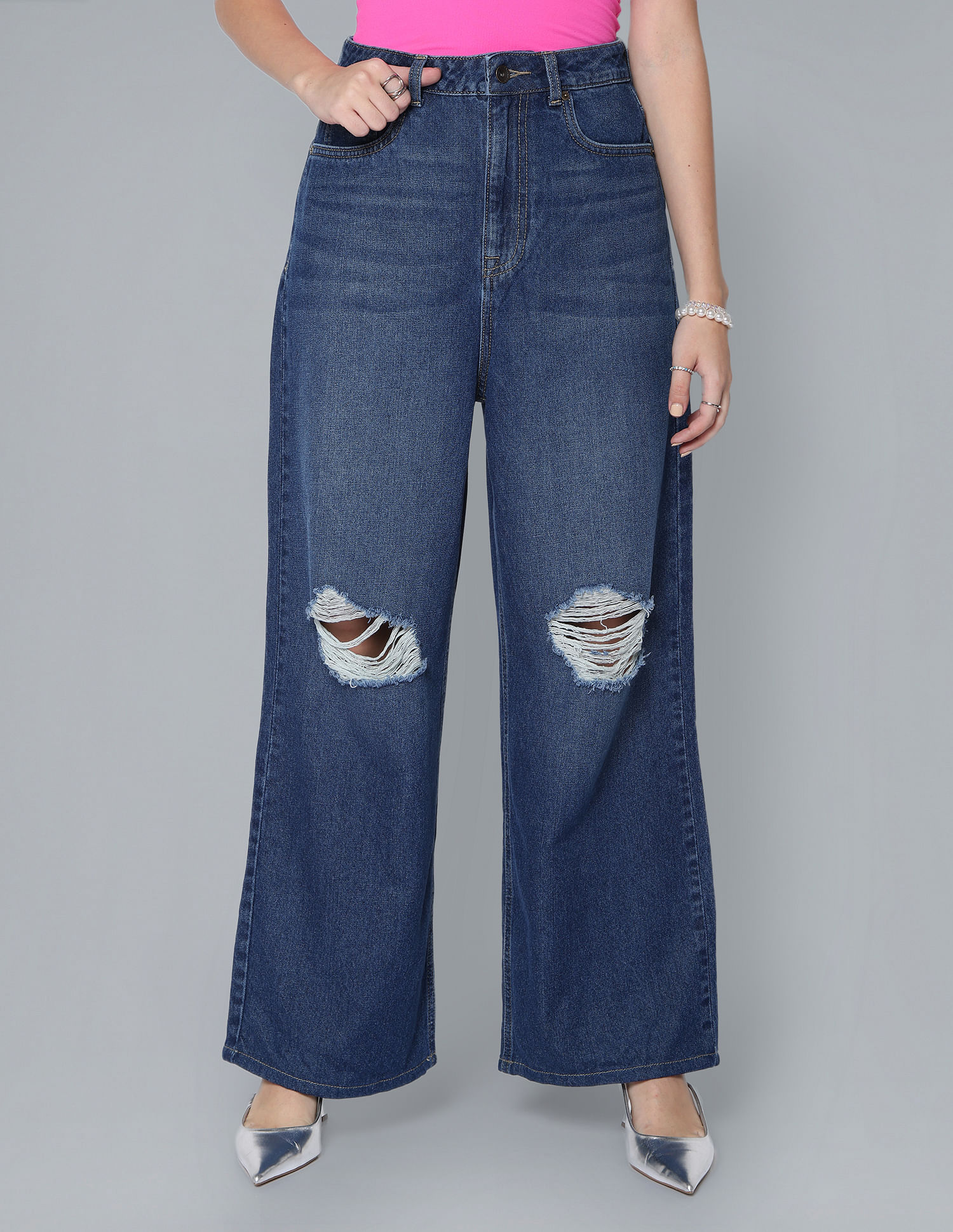 Flying Machine Women High Rise Wide Leg Distressed Jeans