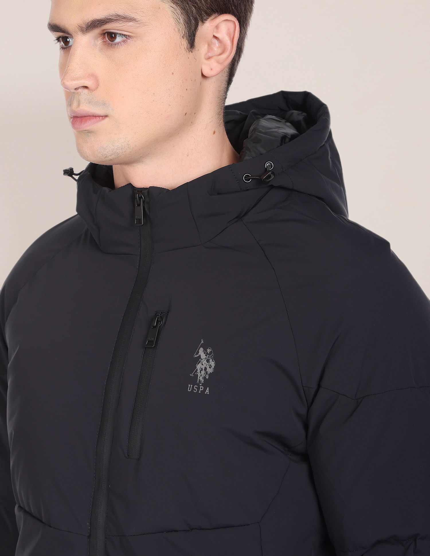 U.S. Polo Assn. Hooded Solid Heat Tech Puffer Jacket, Grey (L)