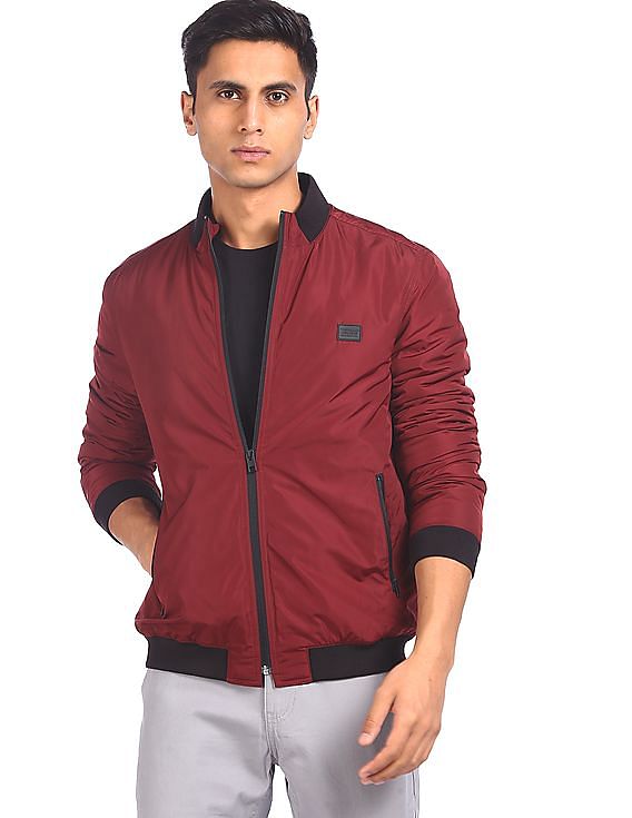 Buy Flying Machine Men Red Solid Zip Up Polyester Bomber Jacket
