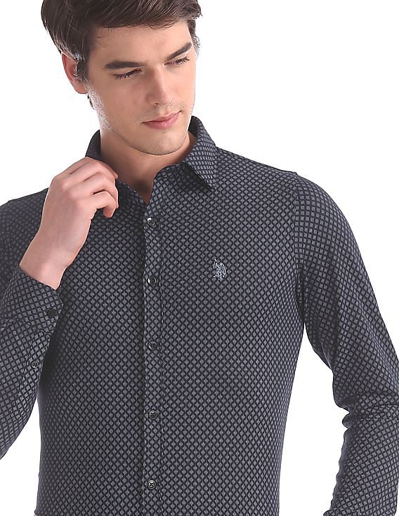 USPA Tailored Blue Slim Fit Printed Shirt