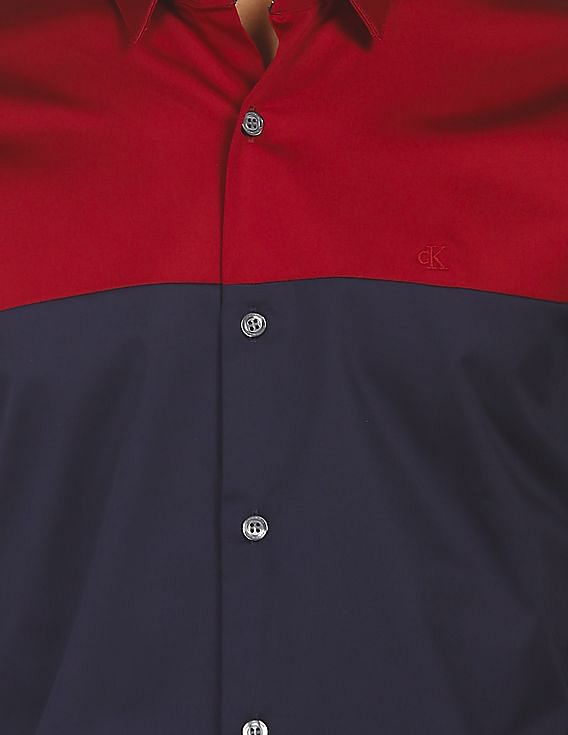 Calvin Klein Men Red And Navy Spread Collar Colour Block Casual Shirt