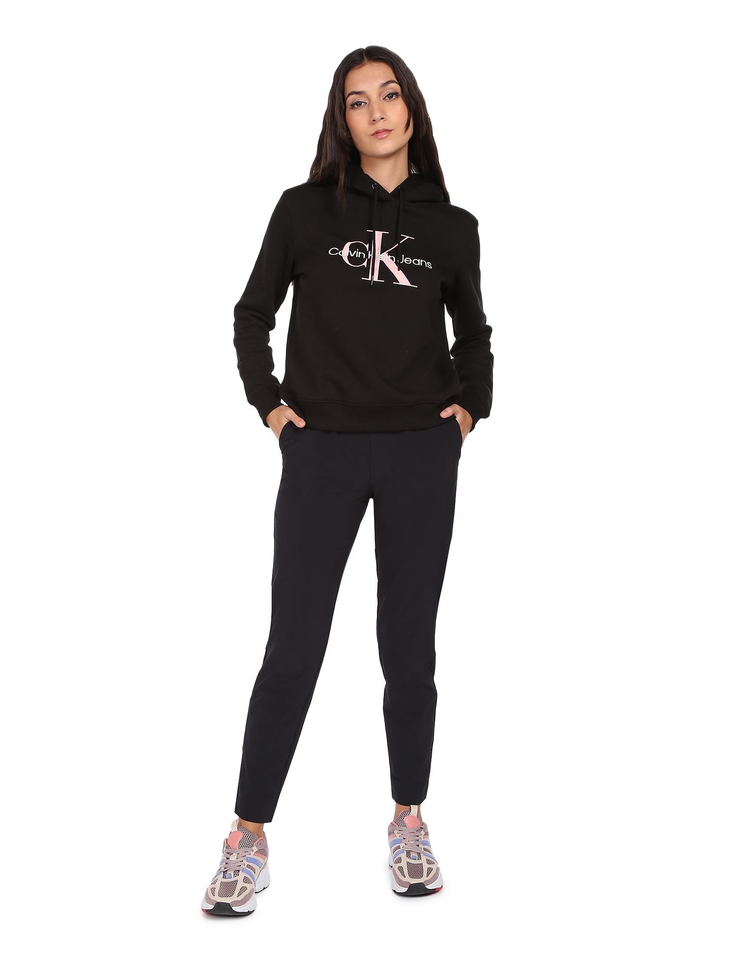 Buy Calvin Klein Women Black Brand Monogram Hooded Sweatshirt NNNOW