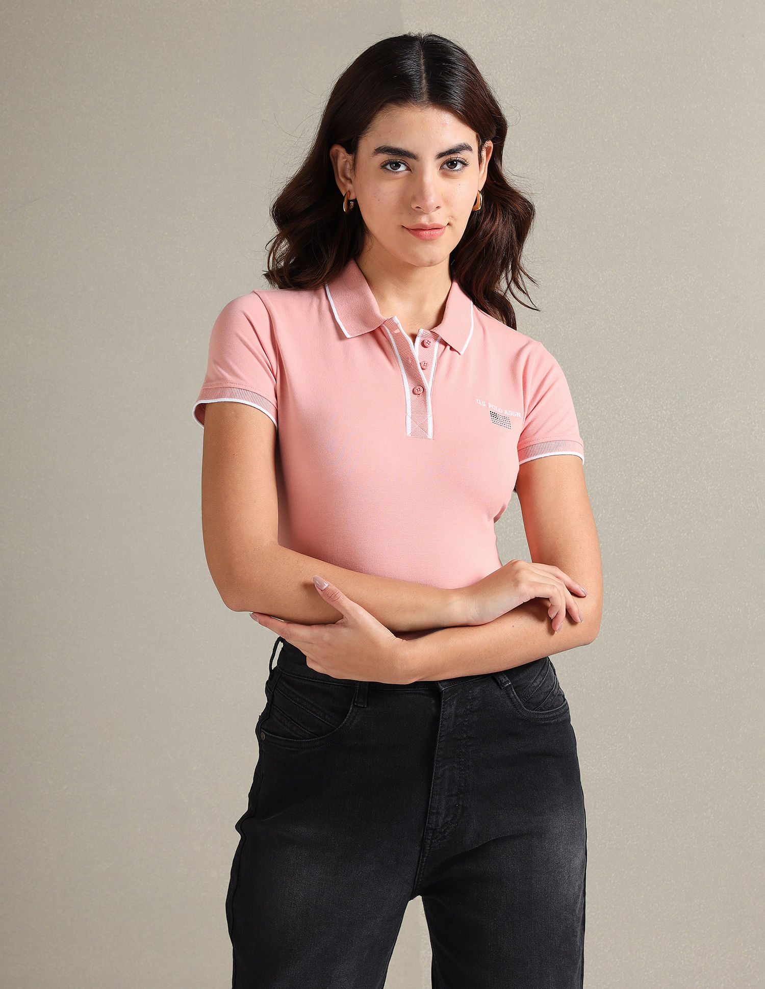 U.S. Polo Assn. Women Tipped Sleeve Hem Pique Polo Shirt