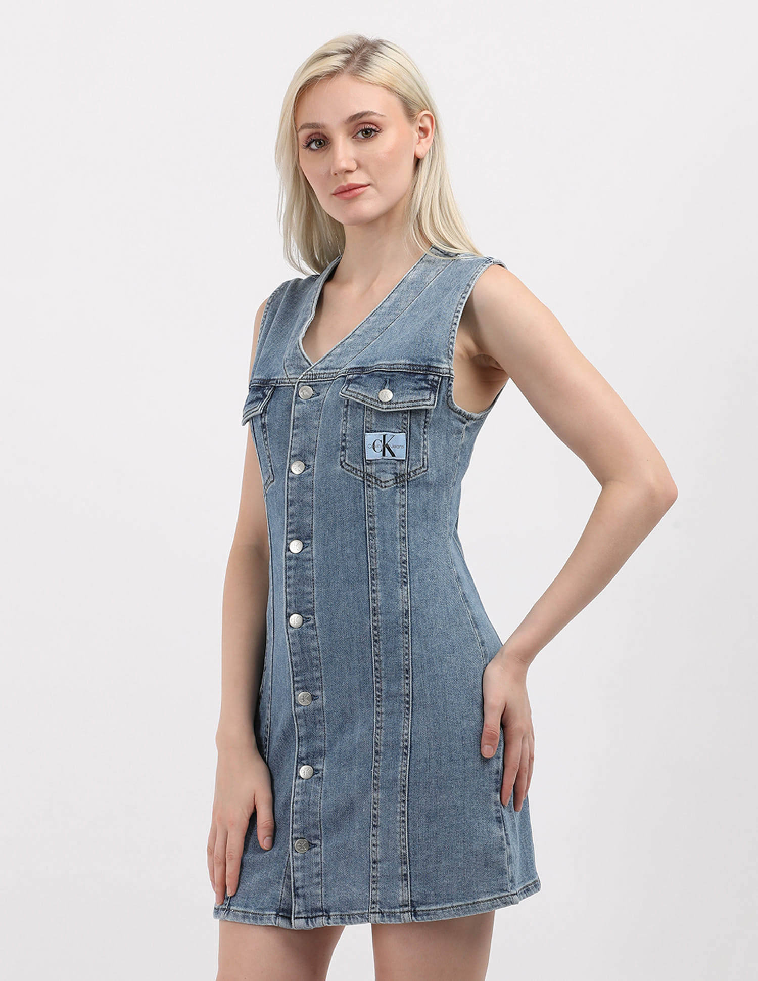calvin klein sleeveless denim dress Denim Sleeveless Shift Dress