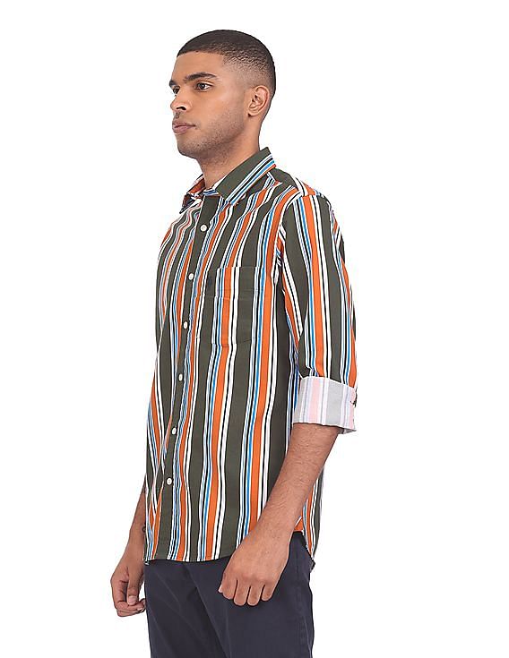 Buy . Polo Assn. Men Green And Orange Striped Cotton Casual Shirt -  