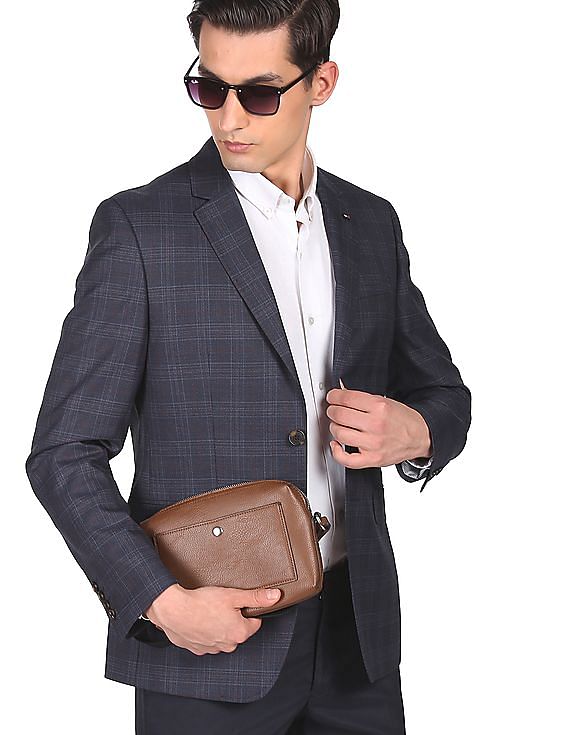 Tommy Hilfiger Men Navy Tailored Regular Fit Check Formal Blazer