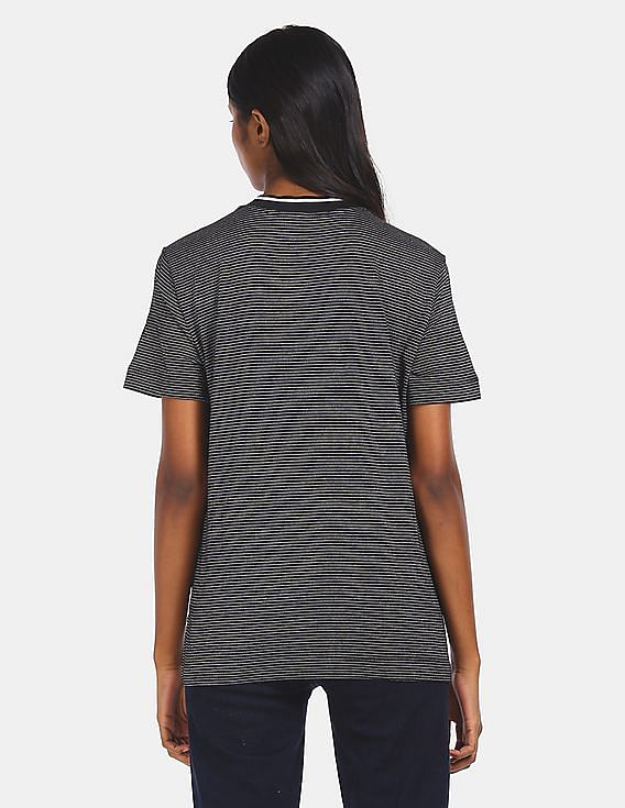 Calvin Klein Women Black Ribbed Round Neck Metallic Striped T-Shirt