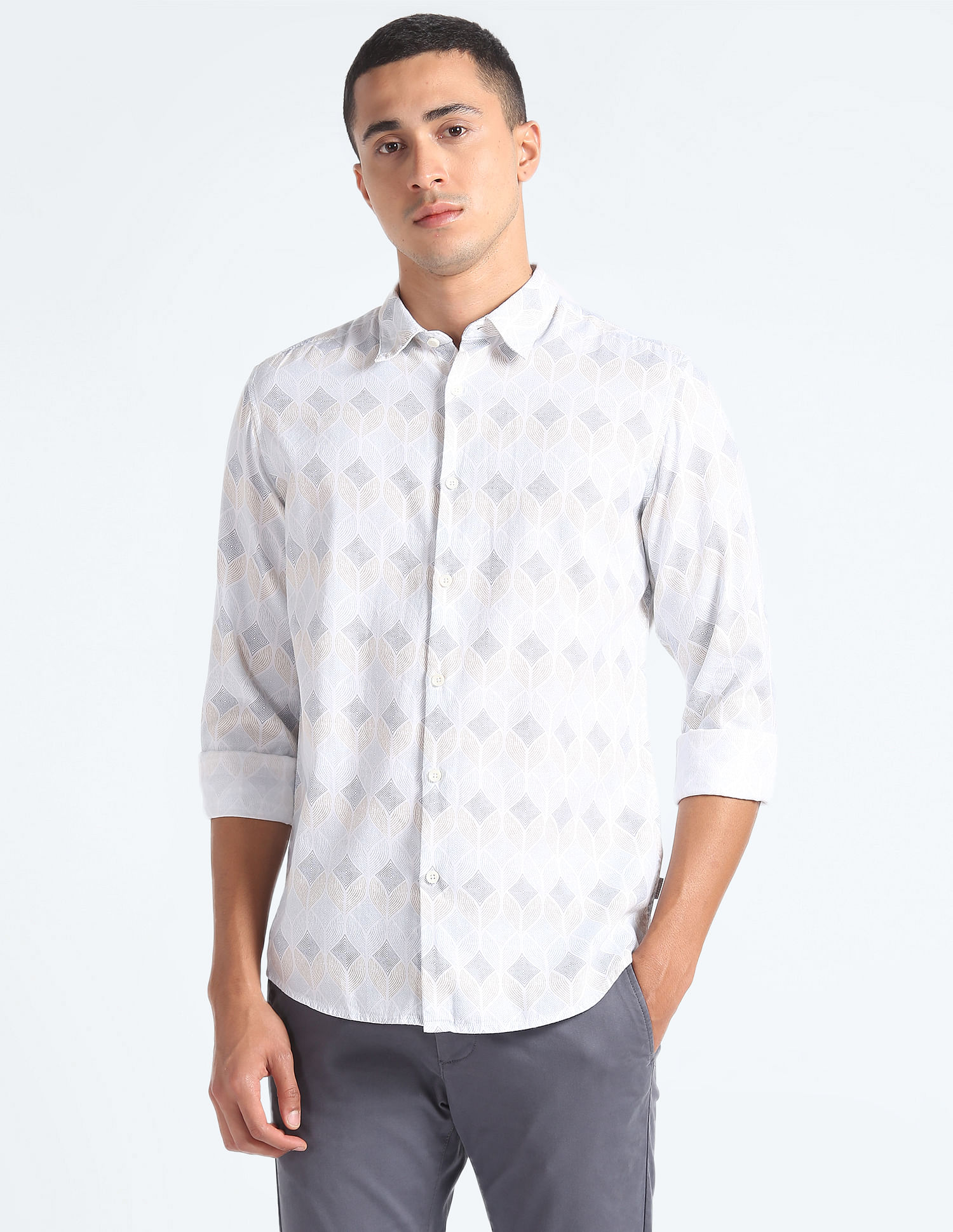 Flying Machine Geometric Print Cotton Shirt