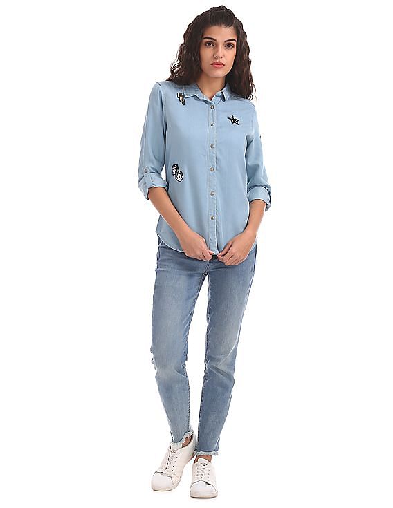 Denim high clearance low shirt