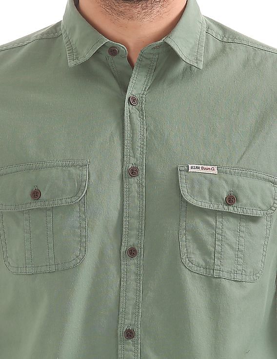 Branded style double on sale pocket solid denim shirts