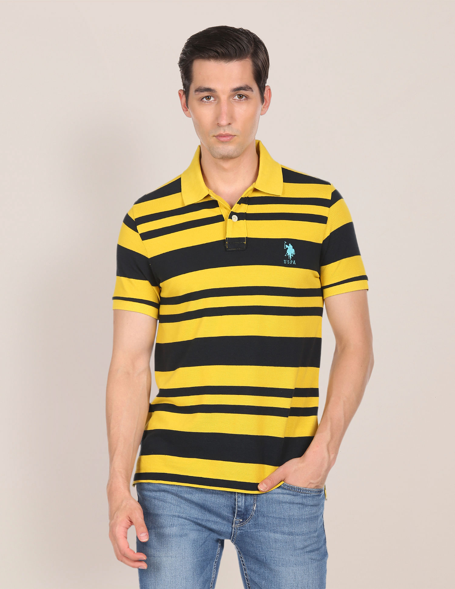 U.S. Polo Assn. Men Yellow Ribbed Collar Pique Polo Shirt