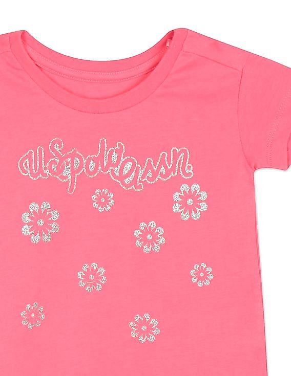 U.S. Polo Assn. Kids Girls Pink Crew Neck Graphic Print T-Shirt