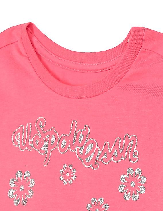 U.S. Polo Assn. Kids Girls Pink Crew Neck Graphic Print T-Shirt