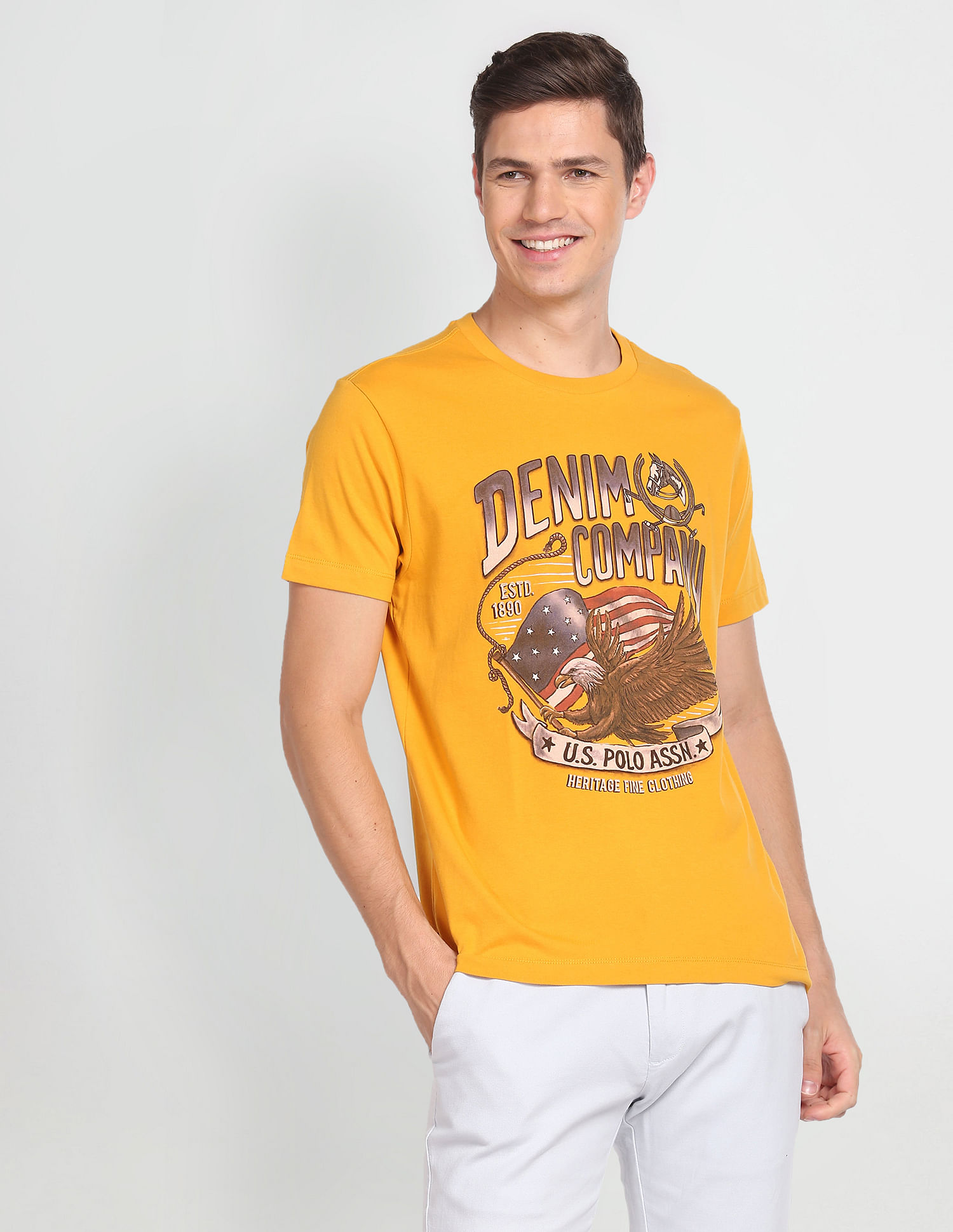U.S. Polo Assn. Denim Co. Men Yellow Cotton Graphic Print T-Shirt