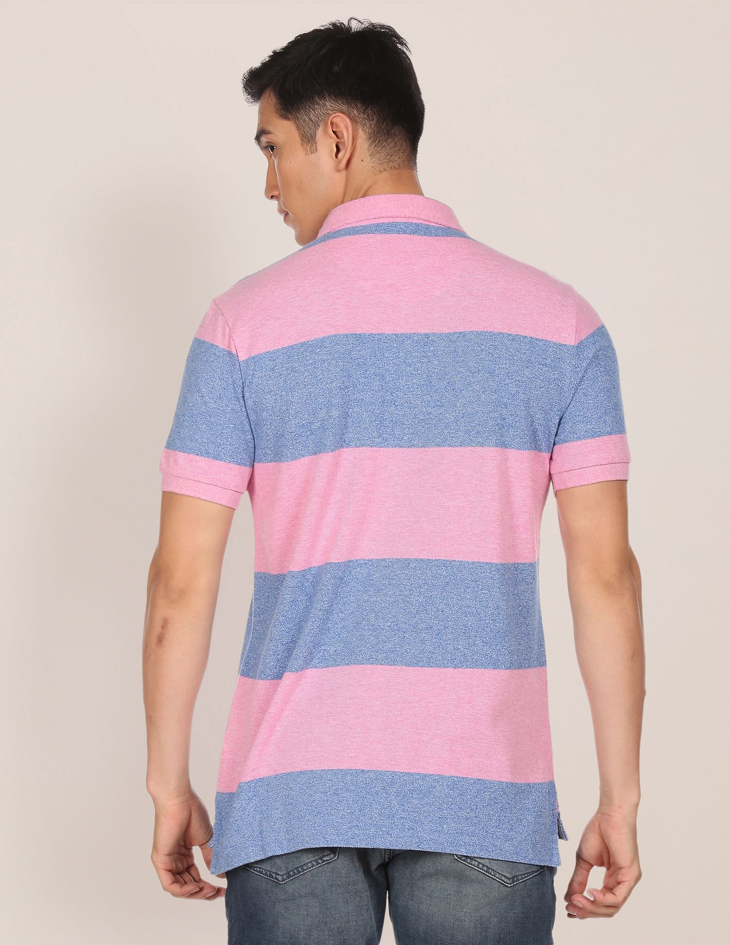 Pink and blue striped polo shirt best sale