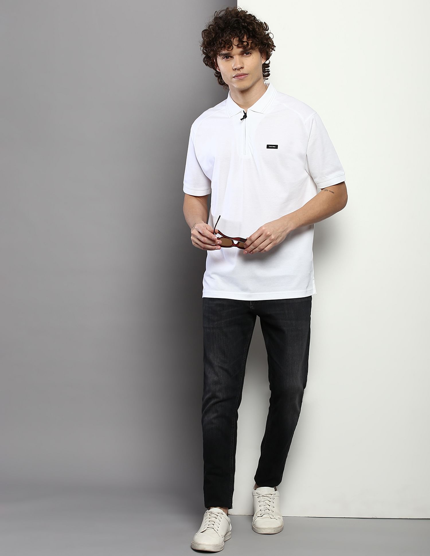 Calvin Klein Zipper Placket Solid Pique Polo Shirt