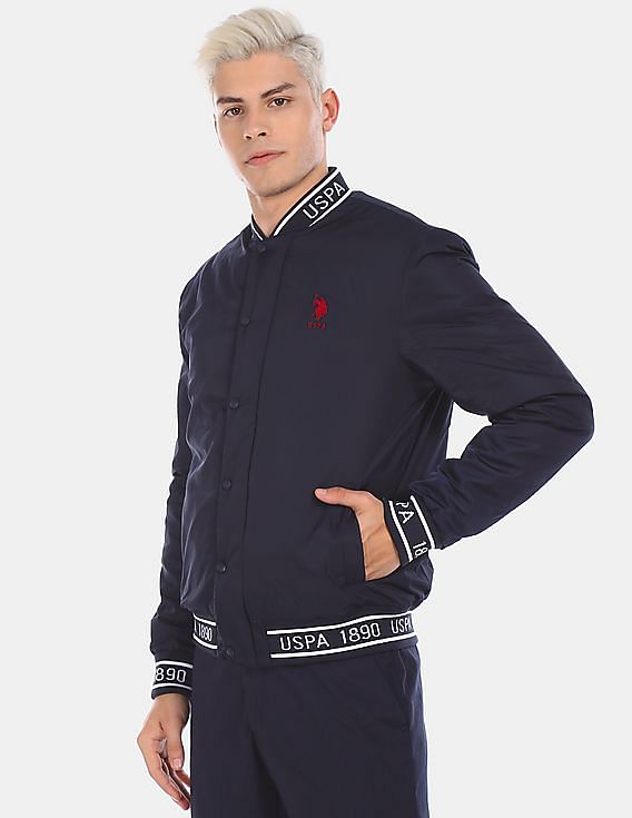 U.S. Polo Assn. Men Navy Stand Collar Brand Printed Bomber Jacket