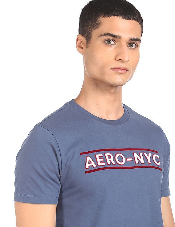Aeropostale Men Blue Appliqued Logo Cotton T-Shirt