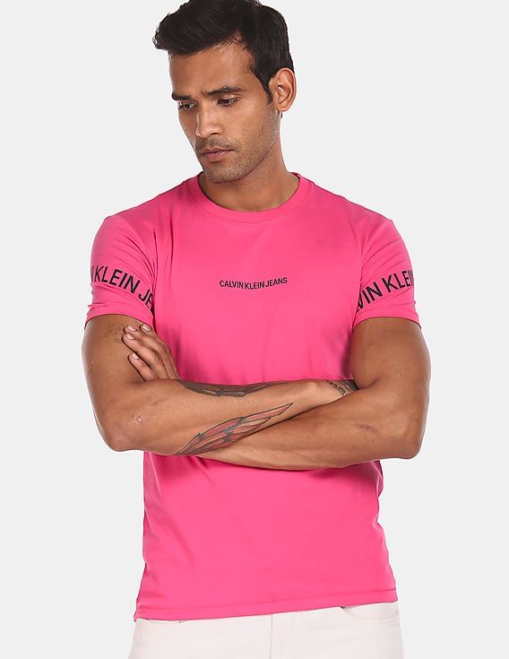 Buy Calvin Klein Men Pink Slim Fit Twisted Brand Print T-Shirt
