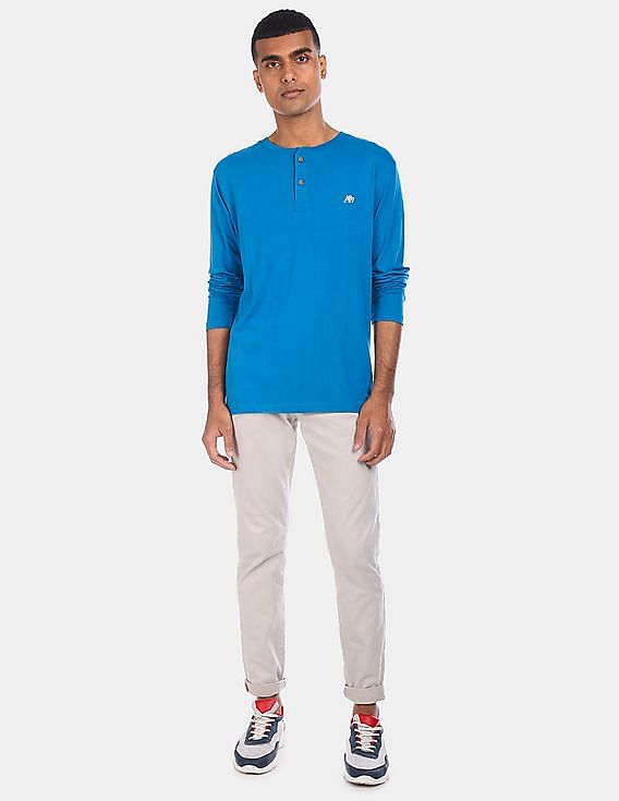 Aeropostale Men Blue Long Sleeve Cotton Solid Henley T-Shirt