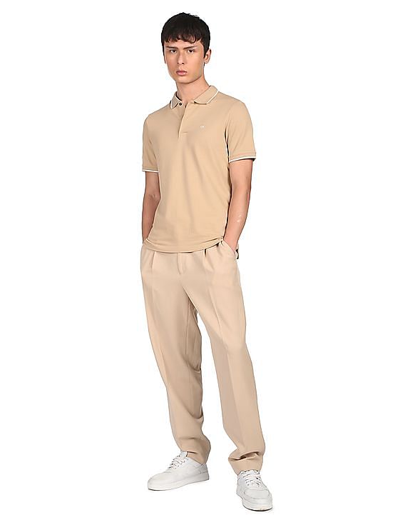 Calvin Klein Men Beige Cotton Stretch Tipped Pique Polo Shirt