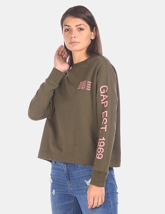 Buy GAP Women Olive Ribbed Crew Neck Sweatshirt - Main Image