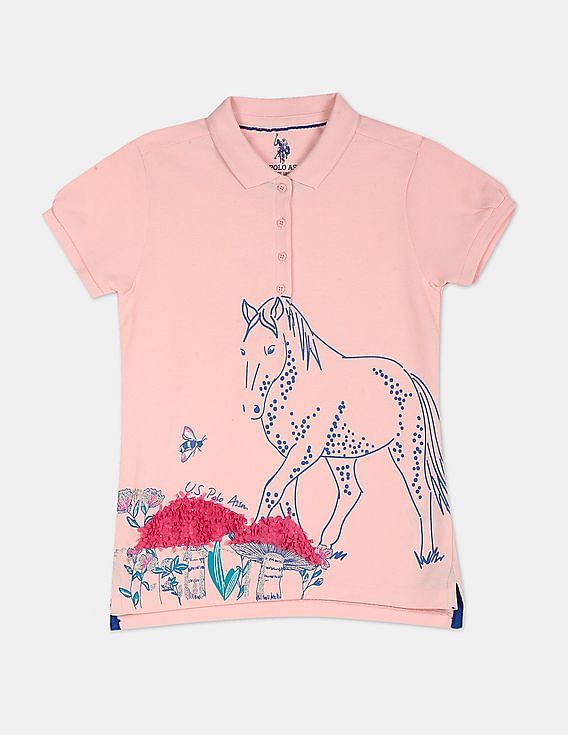 white polo shirt with pink horse